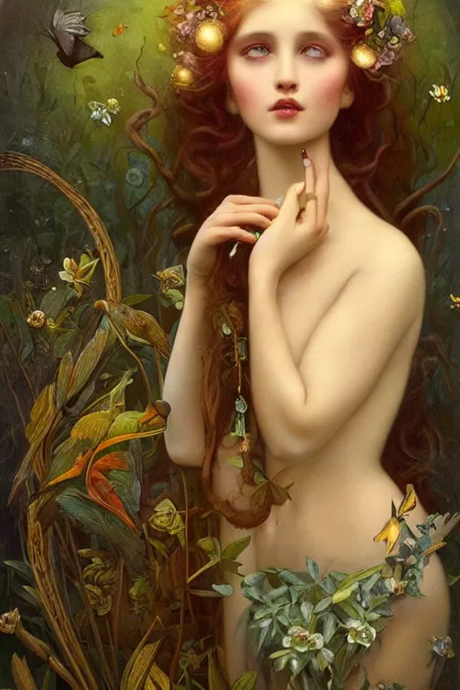 Image similar to An extremely beautiful young girl explaining the birds and the bees by Tom Bagshaw in the style of a modern Gaston Bussière, art nouveau, art deco, surrealism. Extremely lush detail. Melancholic night scene. Perfect composition and lighting. Profoundly surreal. High-contrast lush surrealistic photorealism. Sultry and mischievous expression on her face.