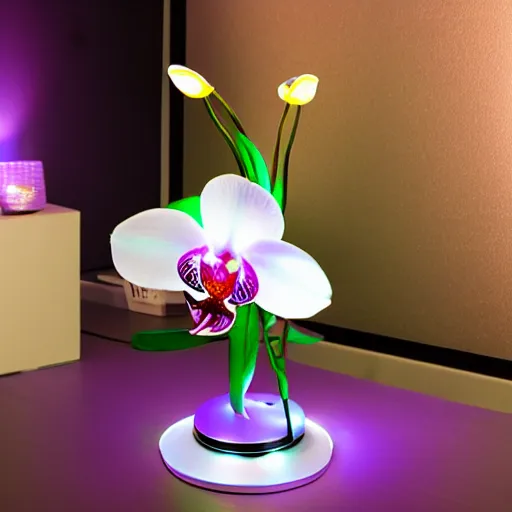 Image similar to an orchid flower, robotic, made of metal, shiny, LED lights, glowing