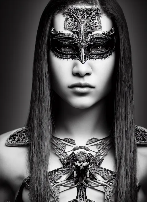 Image similar to a stunning young female crow - orchid - cyborg profile face, face is made intricate tribal bio - mechanical, editorial photography, bw, shot on 7 0 mm, depth of field, f / 2. 8, high contrast, 1 6 k, volumetric lighting, shiny, insanely detailed and intricate, hypermaximalist, elegant, ornate, hyper realistic, super detailed