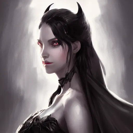 Image similar to beautiful girl, portrait, devil smile, ice magic, long face, sharp features, black hair, dark robe, sharp focus, intricate, elegant, highly detailed, cgsociety, trending on artstation, dnd, castle background, warm light, concept art, illustration