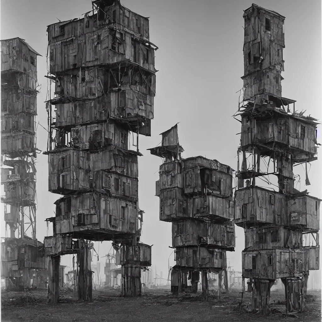 Image similar to two giant towers, made up of makeshift squatter shacks, misty, dystopia, mamiya rb 6 7, fully frontal view, very detailed, studio lighting, photographed by ansel adams