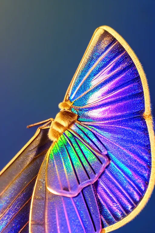 Image similar to high quality macro photo silky iridescent moth! jewelled gorgeous! highly detailed david ligare elson peter cinematic blue neon lighting high quality low angle hd 8k sharp shallow depth of field