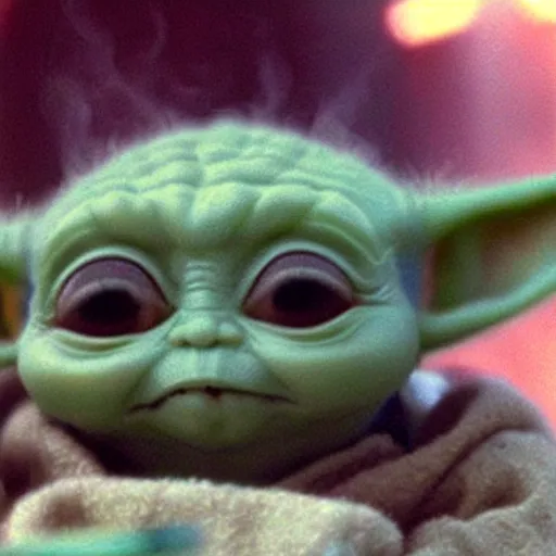 Prompt: Baby Yoda smoking a cigarette 4K quality