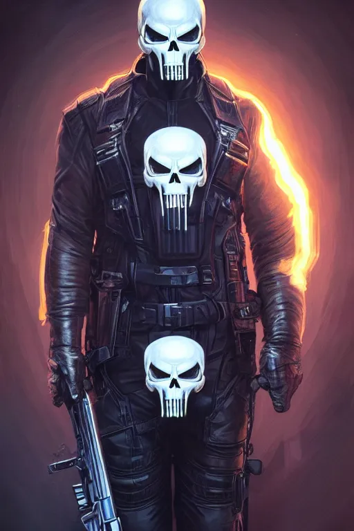 Image similar to elon musk as punisher, realistic portrait, skull on vest, highly detailed, digital painting, artstation, concept art, smooth, sharp focus, illustration, cinematic lighting, art by artgerm and greg rutkowski and alphonse mucha