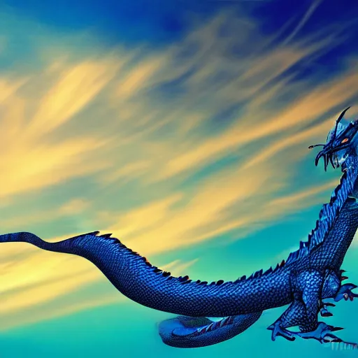 Prompt: blue serpent dragon flying through the sky, sunrise, 8k,