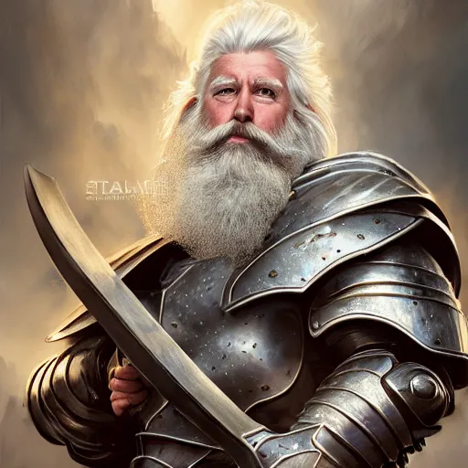 Prompt: a masterpiece ultrarealistic ultradetailed portrait of full armored magic knight strong bearded white haired man with giant axe baroque renaissance. wide angle, intricate, elegant, by stanley artgerm lau, wlop, rossdraws, james jean, andrei riabovitchev, marc simonetti, background by james jean, light by julie bell, porcelain skin. global illumination. vfx