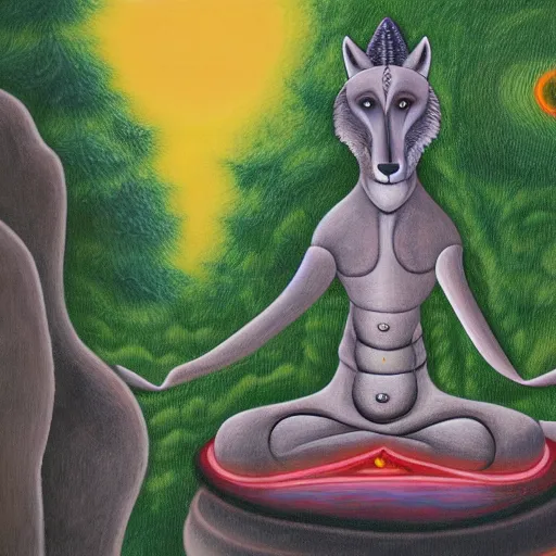 Image similar to an anthromorphic wolf man meditating in a zen garden, by amanda clark in a psychedelic style, oil on canvas