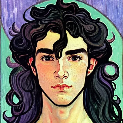 Image similar to painting of handsome beautiful paladin elf! man with long wavy dark hair in his 2 0 s named shadow taehyung at the blueberry party, wearing armor!, elegant, clear, painting, stylized, delicate, soft facial features, art, art by alphonse mucha, vincent van gogh, egon schiele,