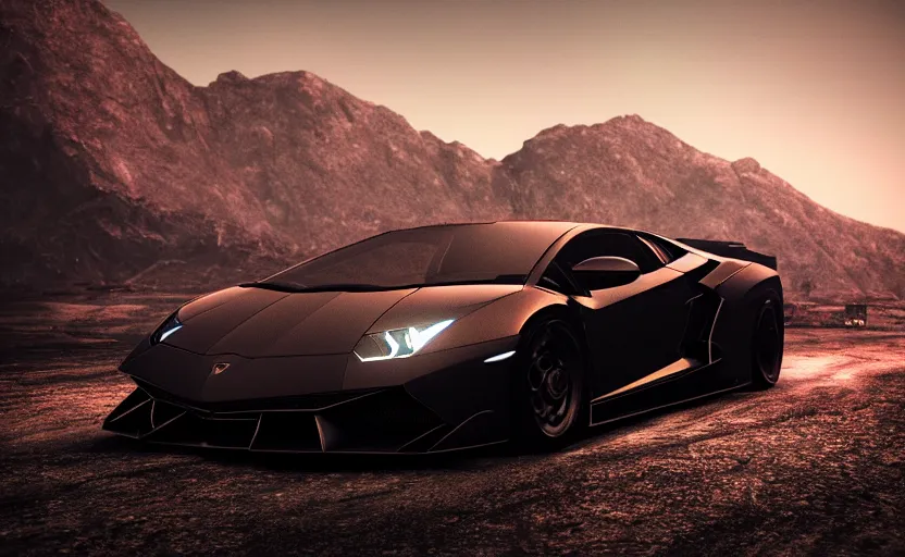 Prompt: a black Lamborghini in the mountain at night by Khyzyl Saleem, cyan headlights, night time, atmospheric, artstation, concept art, illustration, sharp focus, high detail, octane render, cyberpunk, intimidating