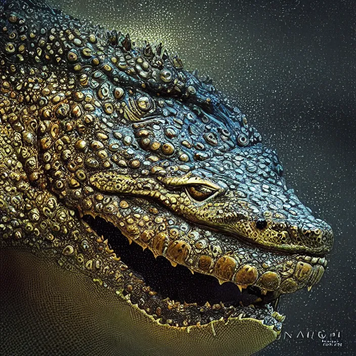 Prompt: symmetric! portrait of a anthropomorphic crocodile, fractal textured skin, glowing eyes, intricate detailed, background waves aquatic, luminescent digital art by paul barson and artgerm, 8 k hdr