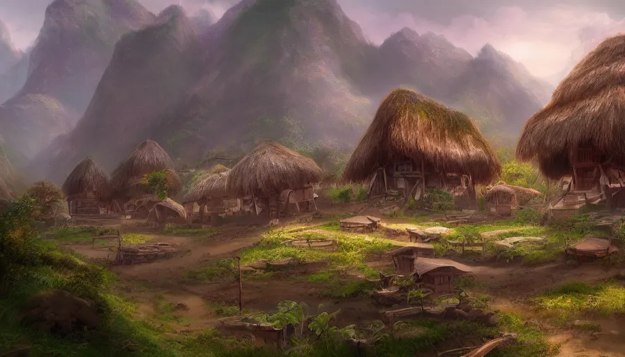 Image similar to matte painting of a beautiful lumpun village, digital art, trending on artstation