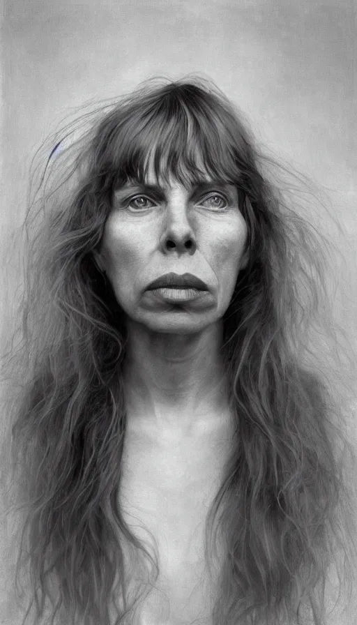 Prompt: cinematic portrait of young joni mitchell, intricate, elegant, by alyssa monks, highly detailed, symmetrical face, fine details, masterpiece, trending on artstation