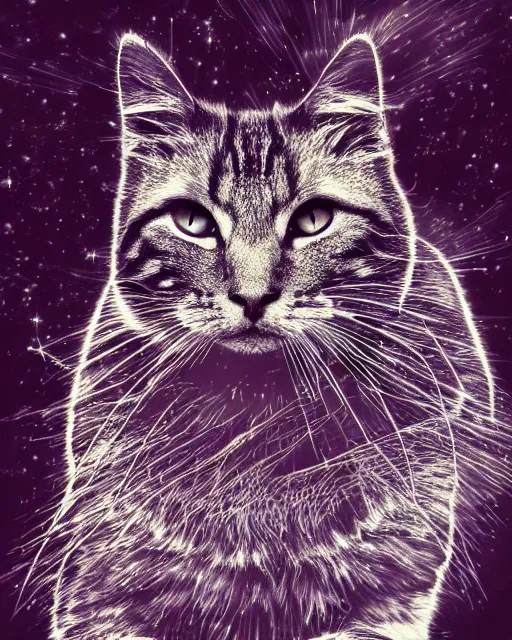 Prompt: highly detailed high resolution stacked plot of radio emissions from a pulsar, abstracted light refractions and stripy interference, making up a fluffy cat isolated on black, silk screen t-shirt design 4K