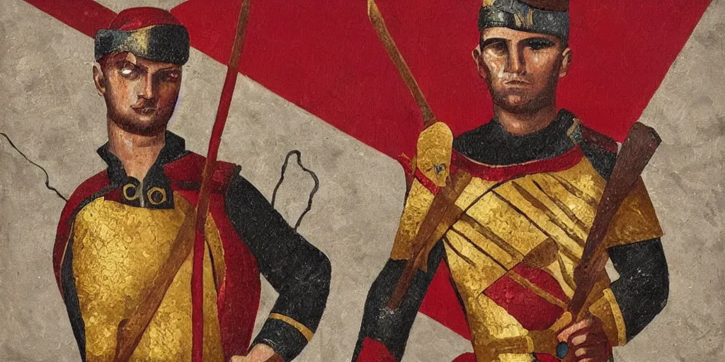 Image similar to textured art deco painting of roman soldier with spear, geometric, gold and deep dark red background with lightning bolt