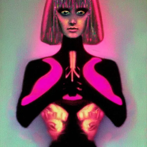 Image similar to portrait of pink hologram joi from blade runner