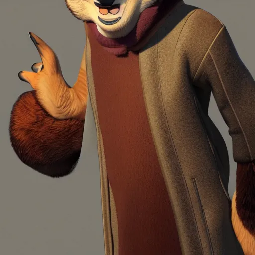 Image similar to portrait, 3 d render, anthropomorphic coyote male, wearing along brown leather maxi coat, in the style of zootopia