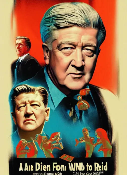 Image similar to a movie poster with david lynch, poster art by drew struzan, featured on reddit, retrofuturism, movie poster, reimagined by industrial light and magic, poster art