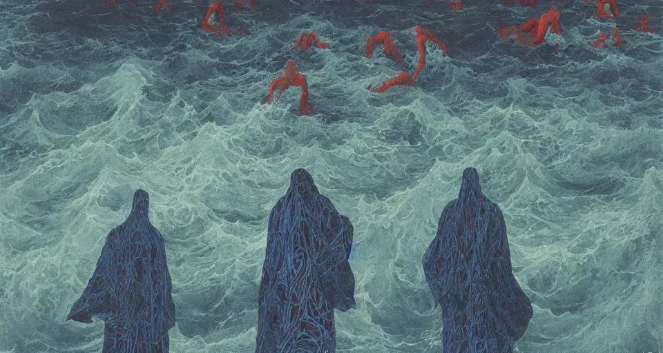 Image similar to worshippers in robes belonging to the cult of the ocean surfing in waves, standing on surfboards, surfing inside one large barreled wav, high detatiled beksinski painting, part by adrian ghenie and gerhard richter. art by takato yamamoto. masterpiece, deep colours, blue