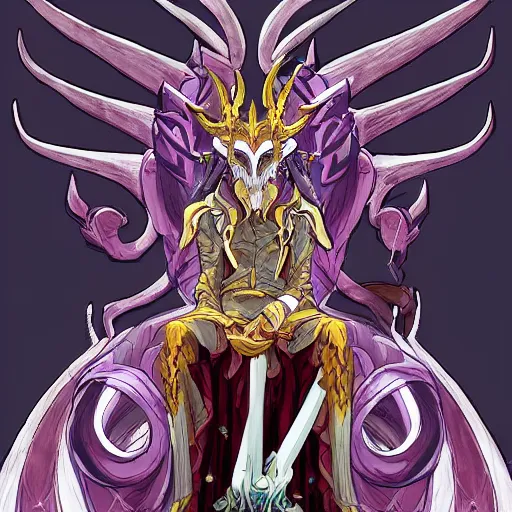 Prompt: concept art painting of an anthropomorphic dragon king with robes, a long dragon neck, and horned skull mask, sitting on a throne, anime style, cel shaded, in the style of makoto shinkai and james gurney and studio ghibli and moebius