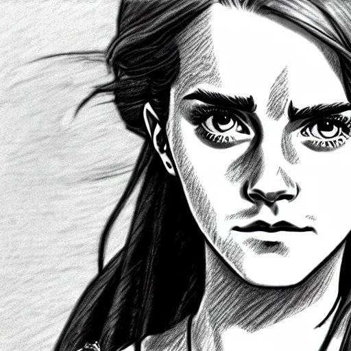 Image similar to a very detailed pencil drawing of emma watson in demon slayer manga panel 4 k, high resolution, still, landscape, hd, dslr, hyper realistic, manga, beautiful