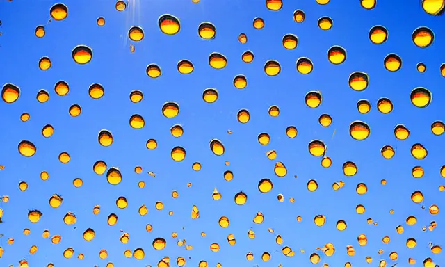 Image similar to beautiful picture of a sunny blue sky with a magical vertical cylindrical tunnel of big upside-down raindrops floating quietly