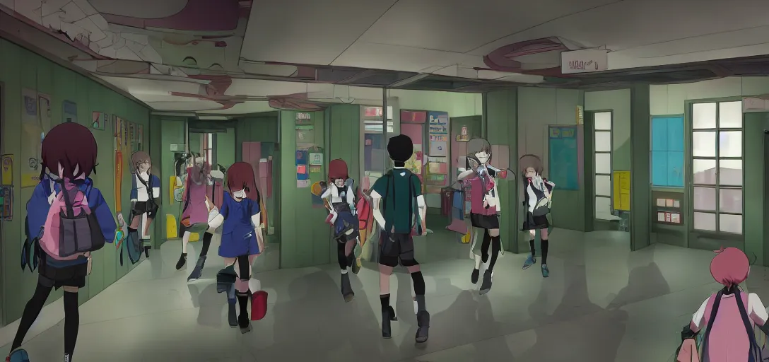 Image similar to Look of Danganronpa school interior, colorful hallway, cartoon moody scene, made in blender, 8k, many details reminiscent of school and despair