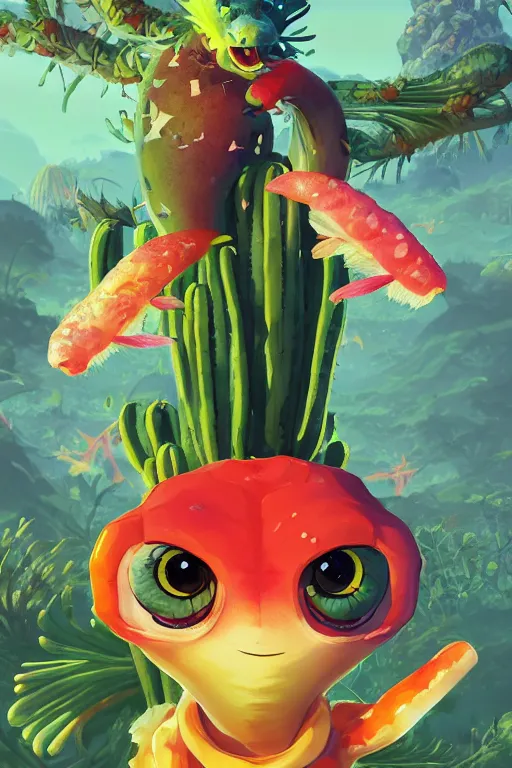 Image similar to 3 d render creature animal sushi cristal very big eye roots cactus elemental flush of force nature micro world fluo fishscale, comics gta 5 cover, official fanart behance hd artstation by jesper ejsing, by rhads, makoto shinkai and lois van baarle, ilya kuvshinov, ossdraws