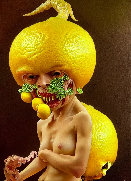 Prompt: oil painting of a lemon demon, intricate, elegant, highly detailed, lighting, painting, artstation, smooth, illustration, art by greg rutowski and alphonse mucha