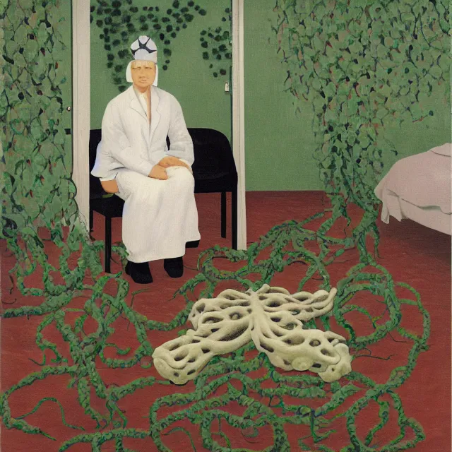 Image similar to a female pathology student in her apartment, wrapped in vines, medical equipment, stepping stones, octopus, first aid kit, pig, black walls, ikebana, black armchair, sculpture, acrylic on canvas, surrealist, by magritte and monet