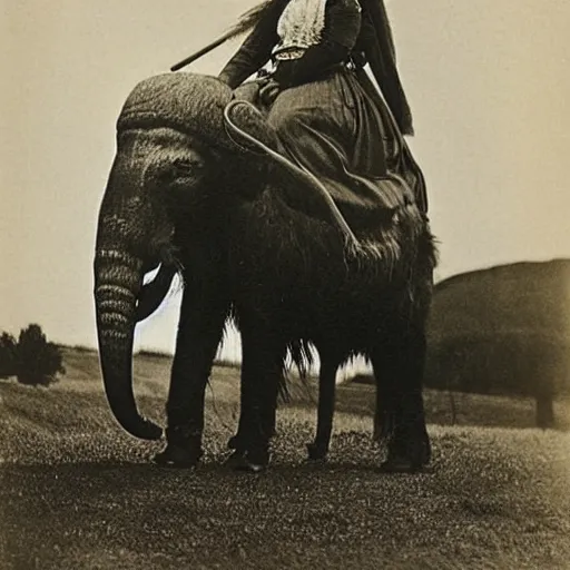 Image similar to vintage photograph of a woman riding a mammoth, 1900s, grain, highly realistic, black and white, Gertrude Käsebier