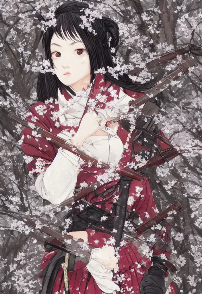 Prompt: detailed portrait of girl samurai in hakama with swords and steampunk rifles, in snow forest sakura cherry blossom, hakama kimono, taisho roman, trending on artstation elite, elegant, luxury, by krenz cushart, junji ito, takato yamamoto, perfect face, fine details, realistic shaded, fine - face, pretty face