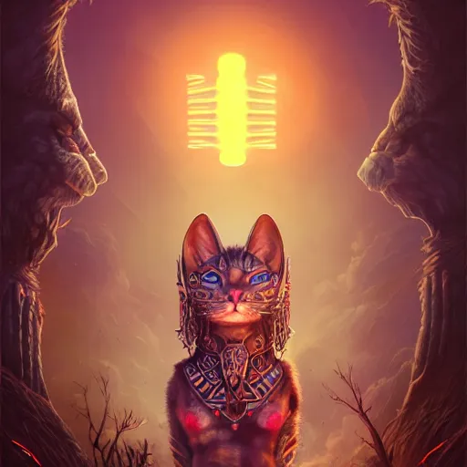 Image similar to synthwave chieftain - cat with ultradetailed aztec - headdress and big glowing cyber eyes by peter mohrbacher and emmanuel shiu and martin johnson heade and bastien lecouffe - deharme, rim light photography