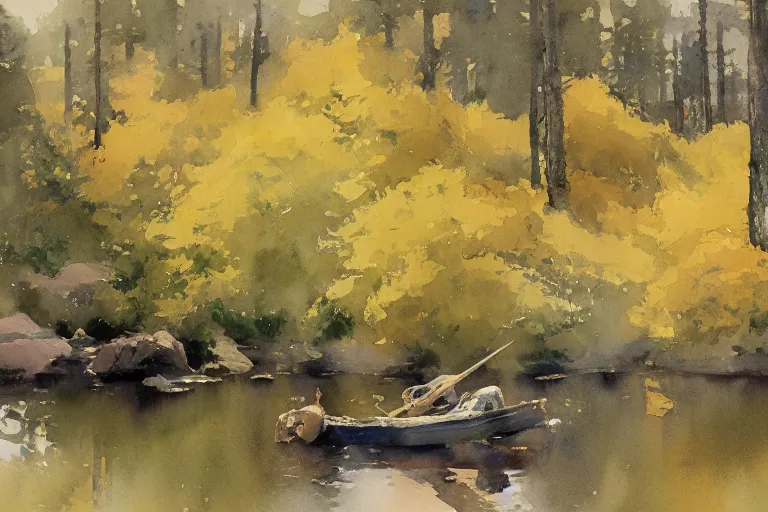 Prompt: small centered on watercolor paper, paint brush strokes, abstract watercolor painting of diamond night at swedish bog, spring and autumn, sharp daylight, cinematic light, american romanticism by hans dahl, by jesper ejsing, by anders zorn, by greg rutkowski, by greg manchess, by tyler edlin