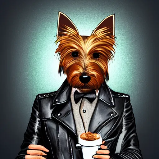 Image similar to an anthropomorphic yorkie dog wearing a black leather punk jacket smoking a cigarette in a hotel lobby, digital art