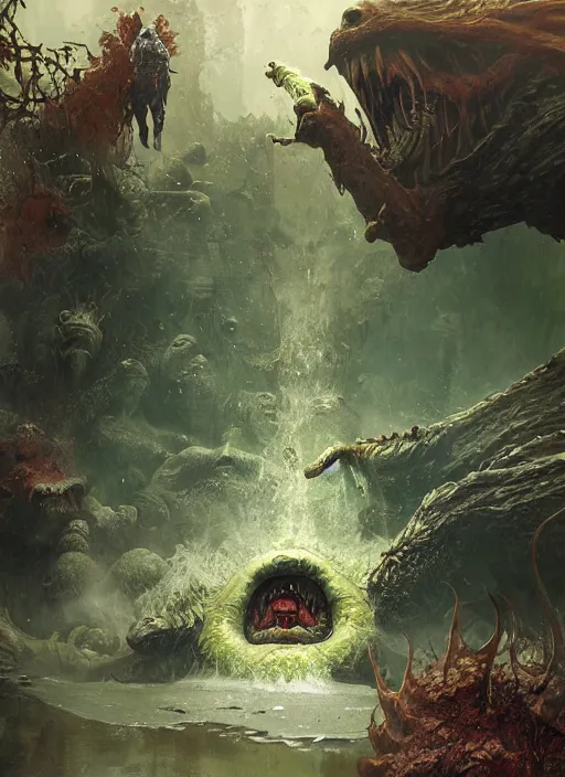 Image similar to huge hulking brute swamp demon king emerging from lake on alien planet, splashing, by sergey kolesov and lawrence alma tadema and norman rockwell and greg staples and craig mullins and john berkey and ruan jia, artstation creature art