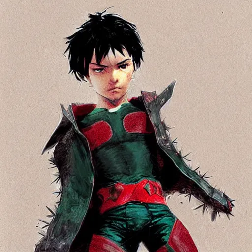 Prompt: a 14 year old teenage boy with spiky black hair and green eyes. Robin. Tim Drake. Damian Wayne. Dc comics. Kuvshinov ilya. Repin. By Craig Mullins