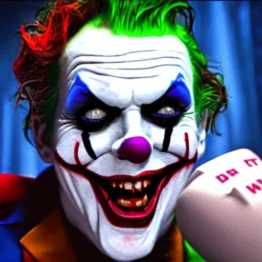 Image similar to The Joker doing Karaoke with Pennywise the Dancing Clown, 4k, ultra realistic, detailed