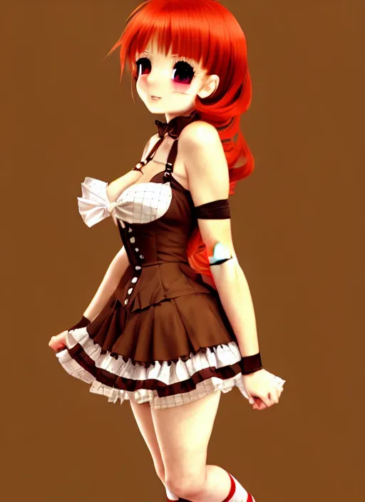 Prompt: redhead bombshell anime girl wearing brown lolita dress, barett, red shoes, fishnet stockings au naturel, hyper detailed, digital art, trending in artstation, cinematic lighting, studio quality, smooth render, unreal engine 5 rendered, octane rendered, art style by klimt and nixeu and ian sprigger and wlop and krenz cushart