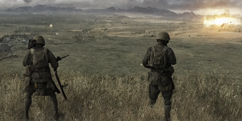 Prompt: a man looking down on the battlefield, very sad, ultra-realistic