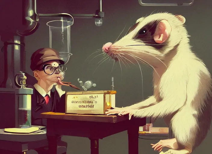 Image similar to portrait of a cute pet rat dressed as an english professor, smoking a pipe, giving a lecture in a university chemistry lab, digital art, artstation, fantasy, cinematic, fine details by realistic shaded lighting poster by ilya kuvshinov katsuhiro otomo, magali villeneuve, artgerm, jeremy lipkin and michael garmash and rob rey