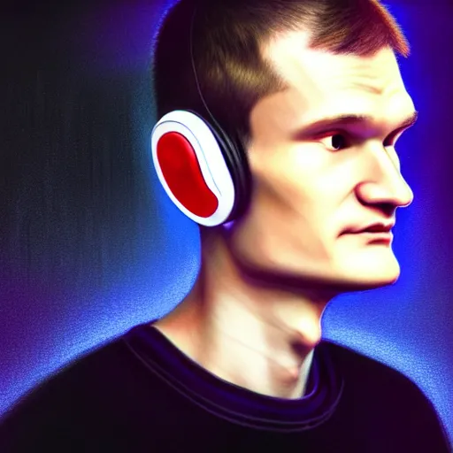 Image similar to vitalik buterin in big headphones with closed eyes listens to music with black background, wayne barlow, bao pham, donato giancola, larry elmore, masterpiece, trending on artstation, featured on pixiv, cinematic composition, beautiful lighting, sharp, details, hyper - detailed, hdr, 4 k, 8 k