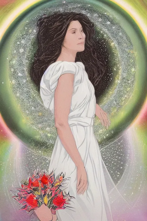 Image similar to The image depicts a woman in a flowing white dress, holding a bouquet of flowers. She is surrounded by a bright, halo-like aura. The background is a series of concentric circles, radiating out from the woman. The overall effect is one of serenity and heavenly beauty. The lithograph is printed in a limited number of colors, but the effect is very rich and detailed. Mucha's use of line is particularly notable, as it creates a sense of movement and energy around the central figure. The concentric circles in the background add to this sense of motion, while also providing a stable reference point for the viewer. The overall composition is well balanced and harmonious. The lithograph is printed in a limited number of colors, but the effect is very rich and detailed. Mucha's use of line is particularly notable, as it creates a sense of movement and energy around the central figure. The concentric circles in the background add to this sense of motion, while also providing a stable reference point for the viewer.