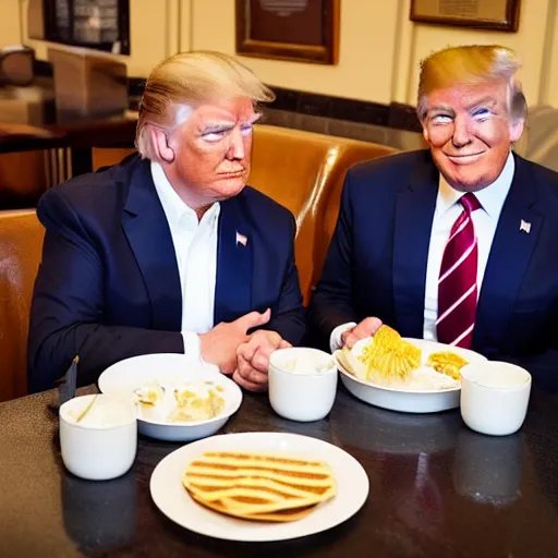 Image similar to photograph of trump and Biden sitting and eating breakfast at a Wafflehouse