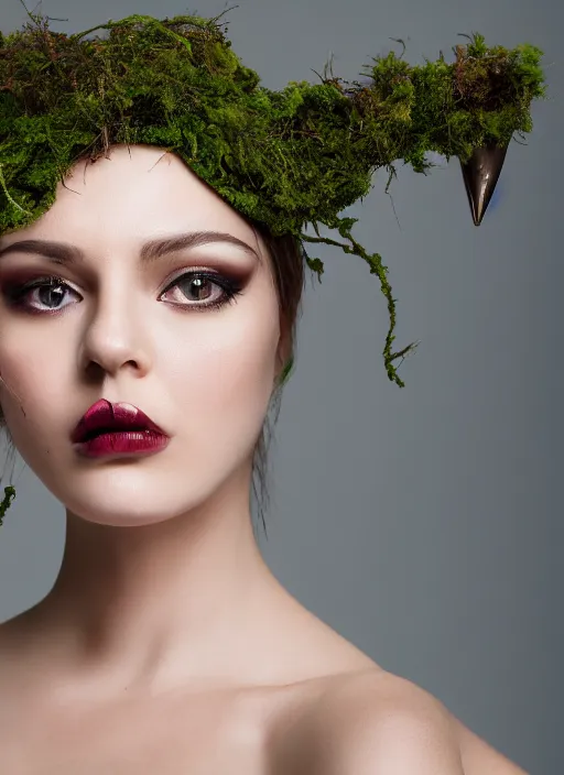 Image similar to a photo of a female model, orgnic headpiece, vines, horn, moss, fashion photography, realistic, hyperdetails, dark grey backdrop studio