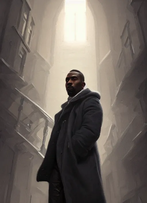 Image similar to portrait of handsome black man wearing grey peacoat, baroque lightbulb idea, middle aged and fit, elegant atmosphere, glowing lights, highly detailed, digital painting, artstation, concept art, smooth, sharp focus, illustration, art by wlop, mars ravelo and greg rutkowski