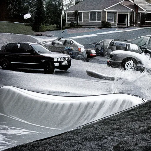 Prompt: orcas playing on a slip and slide in the suburbs, 35mm photo from 1996