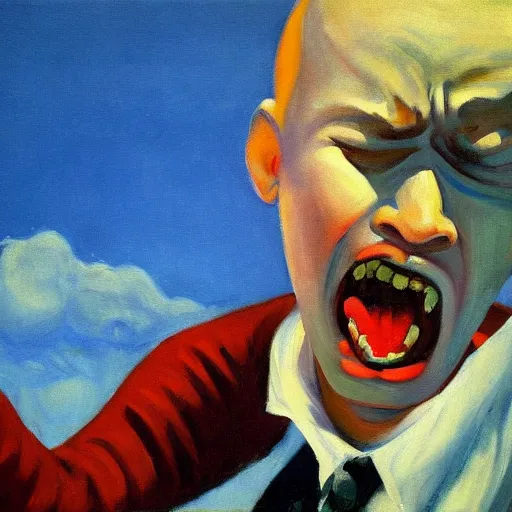 Image similar to a painting of a man screaming because of his sadness, the background is a blue sky with clouds, Edward hopper, 4k,