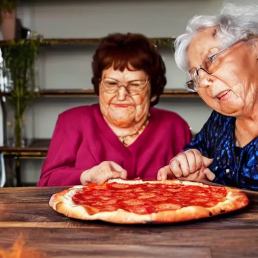 Prompt: grandmas smashing their faces together with pepperoni pizza