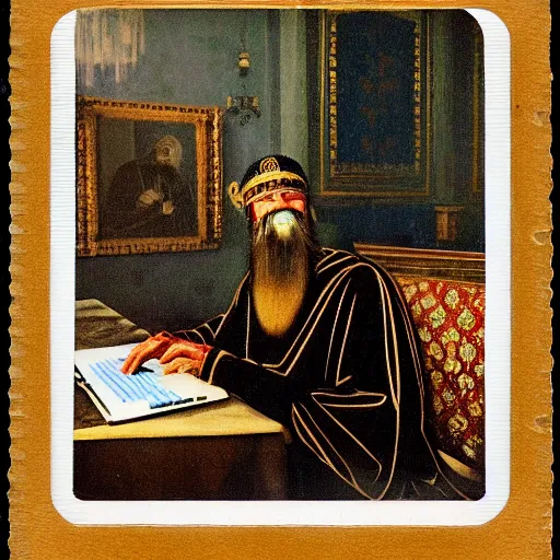 Image similar to Ivan the Terrible in his palace in Moscow and working on a MacBook Pro, high detail, Polaroid , old photo width 768