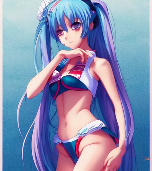 Prompt: Anime art of beautiful Hatsune miku with beautifel legs by artgerm, rossdraws, magali villeneuve, Gil Elvgren, Earl Moran,Enoch Bolles, symmetrical shoulders, evangelion style eyes, round thighs, bellybutton, abs, cute swimsuit